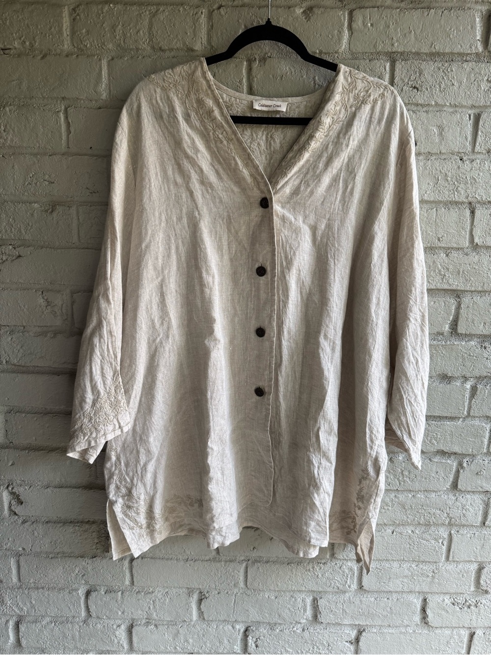 Coldwater Creek Light Beige Button-Front Embroidered Linen Top Sz 2X EUC